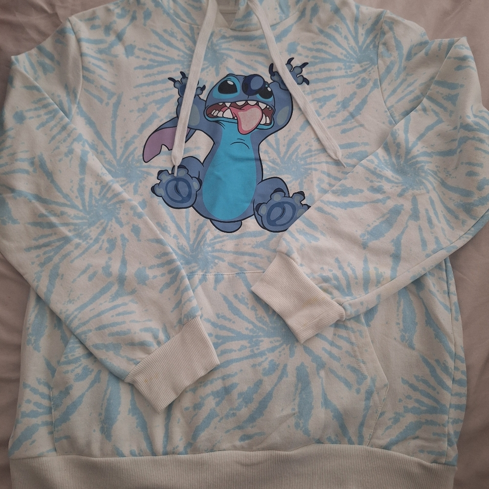 DISNEY STITCH Blue and White Tie-Dye Hoodie with Cartoon Character SIZE M